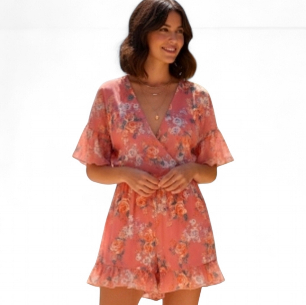 Peach Love Floral Romper Flutter Sleeves